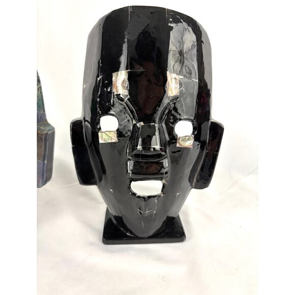 Vintage Pair Mexican Shell + Stone Mosaic Mask Folk Art Aztec Style Tessellated - Picture 3 of 14